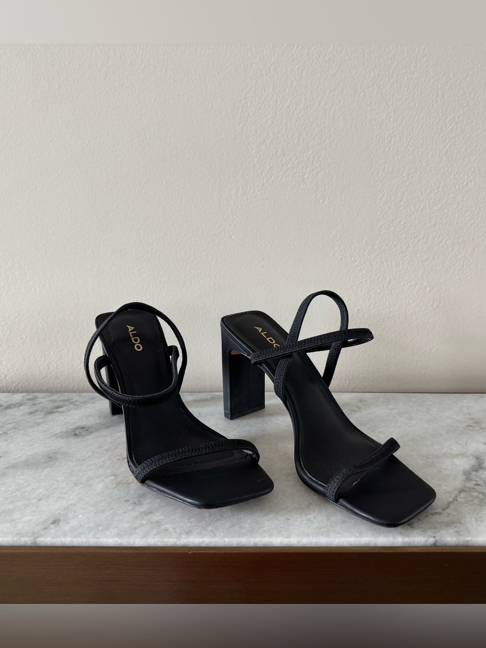 Aldo Black Strappy Square Toe Block Heeled Sandals